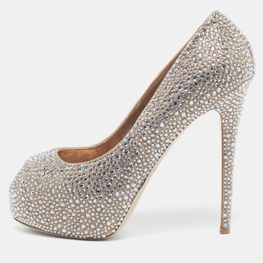Le Silla Size 38 Metallic Satin Crystal Embellished Platform Peep Toe Pumps
